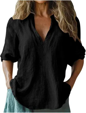 Womens Cotton Linen Tunic Shirts 3/4 Sleeve V Neck Loose Fit Blouse Tops Summer Beach Lightweight Cover Up Tees