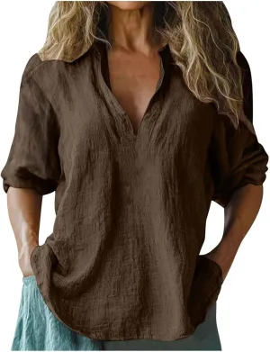 Womens Cotton Linen Tunic Shirts 3/4 Sleeve V Neck Loose Fit Blouse Tops Summer Beach Lightweight Cover Up Tees