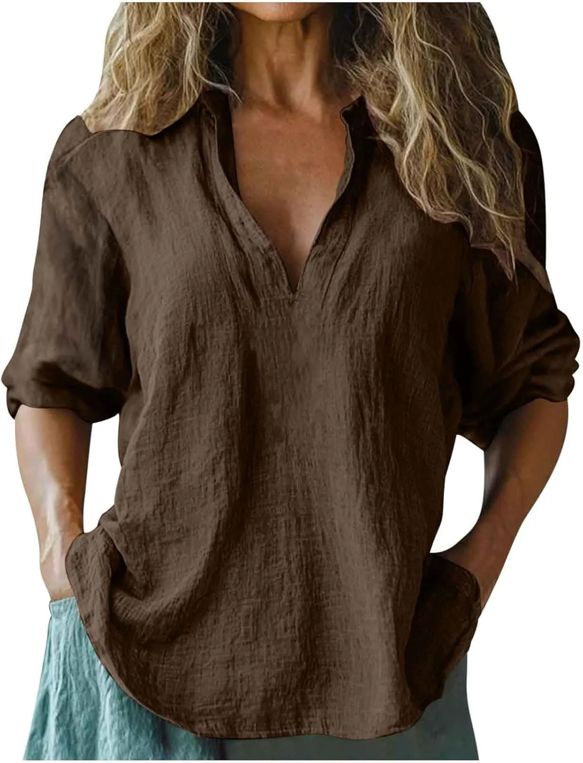 Womens Cotton Linen Tunic Shirts 3/4 Sleeve V Neck Loose Fit Blouse Tops Summer Beach Lightweight Cover Up Tees
