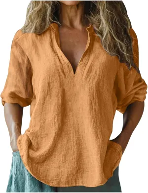 Womens Cotton Linen Tunic Shirts 3/4 Sleeve V Neck Loose Fit Blouse Tops Summer Beach Lightweight Cover Up Tees