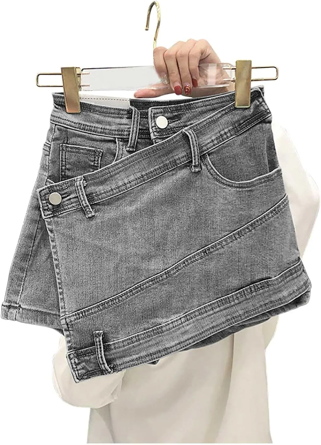 Women's Crossover Jean Shorts Mid-High Waisted Ripped Denim Shorts Causal Trendy Stretchy Denim Shorts with Pockets