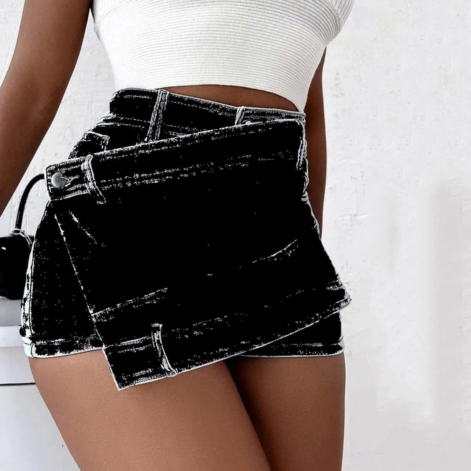 Women's Crossover Jean Shorts Mid-High Waisted Ripped Denim Shorts Causal Trendy Stretchy Denim Shorts with Pockets