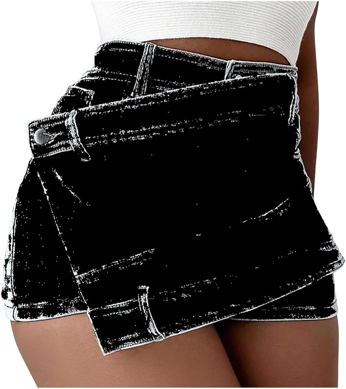Women's Crossover Jean Shorts Mid-High Waisted Ripped Denim Shorts Causal Trendy Stretchy Denim Shorts with Pockets