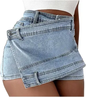 Women's Crossover Jean Shorts Mid-High Waisted Ripped Denim Shorts Causal Trendy Stretchy Denim Shorts with Pockets
