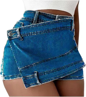 Women's Crossover Jean Shorts Mid-High Waisted Ripped Denim Shorts Causal Trendy Stretchy Denim Shorts with Pockets