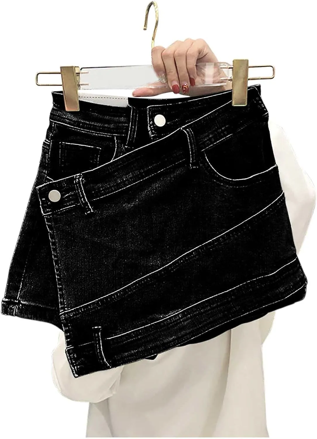 Women's Crossover Jean Shorts Mid-High Waisted Ripped Denim Shorts Causal Trendy Stretchy Denim Shorts with Pockets