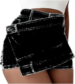 Women's Crossover Jean Shorts Mid-High Waisted Ripped Denim Shorts Causal Trendy Stretchy Denim Shorts with Pockets
