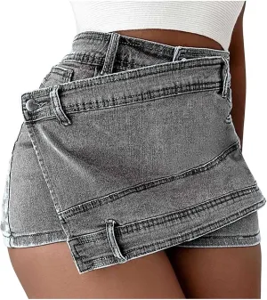 Women's Crossover Jean Shorts Mid-High Waisted Ripped Denim Shorts Causal Trendy Stretchy Denim Shorts with Pockets