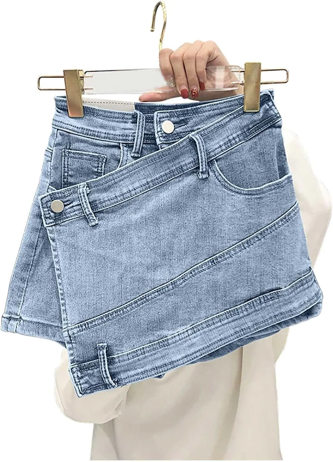 Women's Crossover Jean Shorts Mid-High Waisted Ripped Denim Shorts Causal Trendy Stretchy Denim Shorts with Pockets