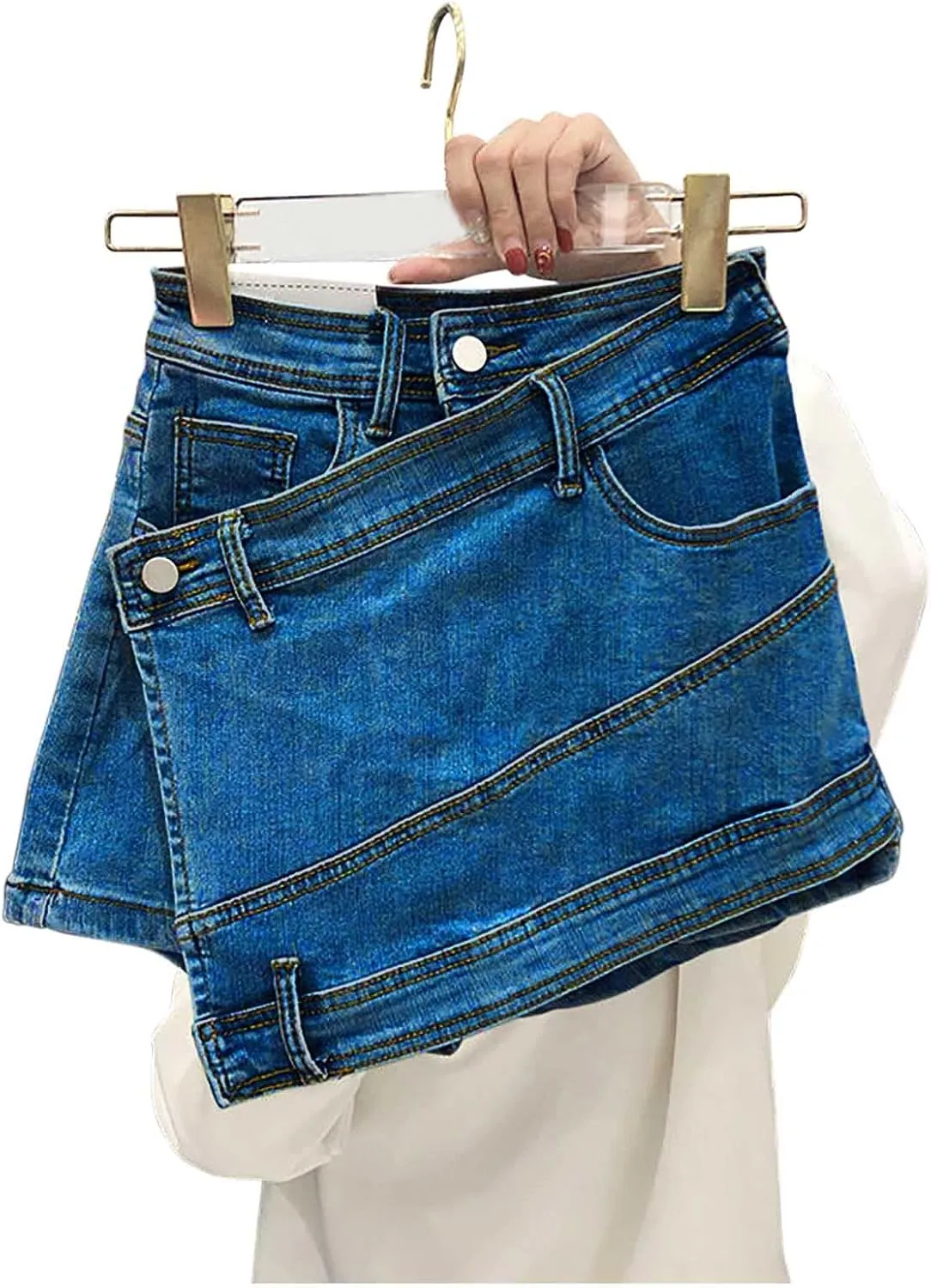 Women's Crossover Jean Shorts Mid-High Waisted Ripped Denim Shorts Causal Trendy Stretchy Denim Shorts with Pockets