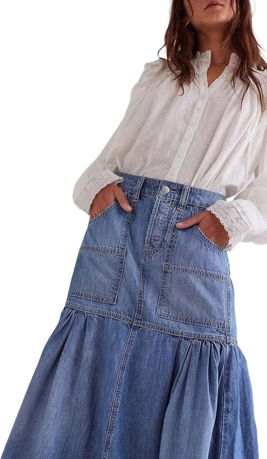 Women's Denim Long Skirt Blue Tiered Ruffle Hem Flowy Jean Skirts A-Line Maxi Skirts