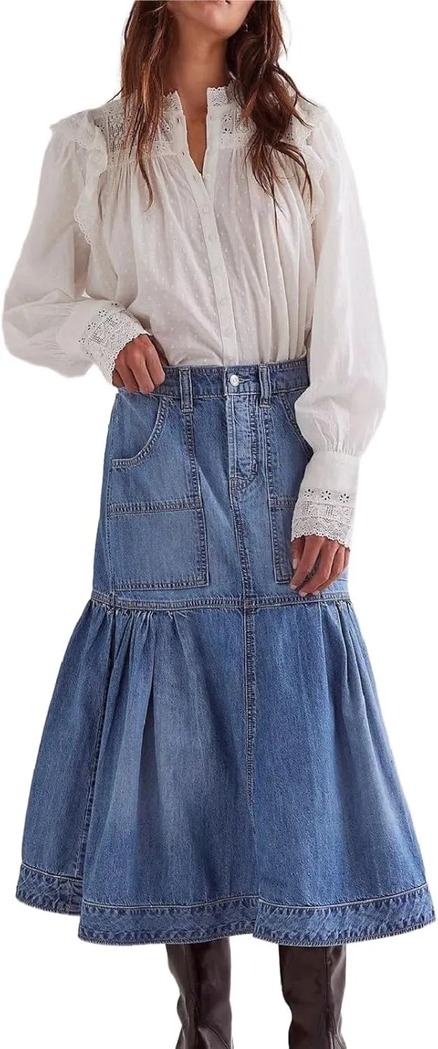 Women's Denim Long Skirt Blue Tiered Ruffle Hem Flowy Jean Skirts A-Line Maxi Skirts
