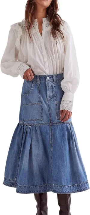 Women's Denim Long Skirt Blue Tiered Ruffle Hem Flowy Jean Skirts A-Line Maxi Skirts