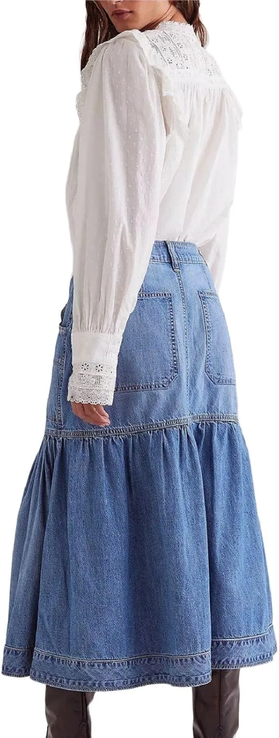Women's Denim Long Skirt Blue Tiered Ruffle Hem Flowy Jean Skirts A-Line Maxi Skirts