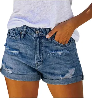 Womens Denim Shorts Trendy Ripped Jean Shorts High Waisted Stretchy Denim Shorts Cuffed Hem Hot Shorts Jeans Shorts