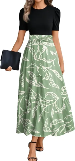 Womens Dress Summer Maxi Dresses Ruffle Hem Short Sleeve Dress Floral Vacation Wedding Guest Dresses with Belt