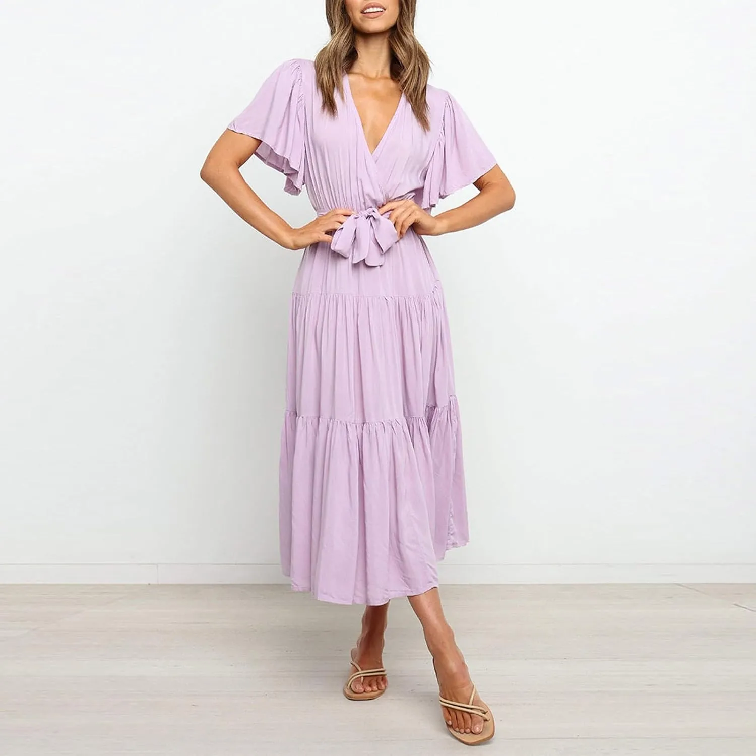 Womens Dresses Spring Sexy Dresses Short Sleeve Ruched Dress V Neck Tiered A Line Dress Summer with Belt