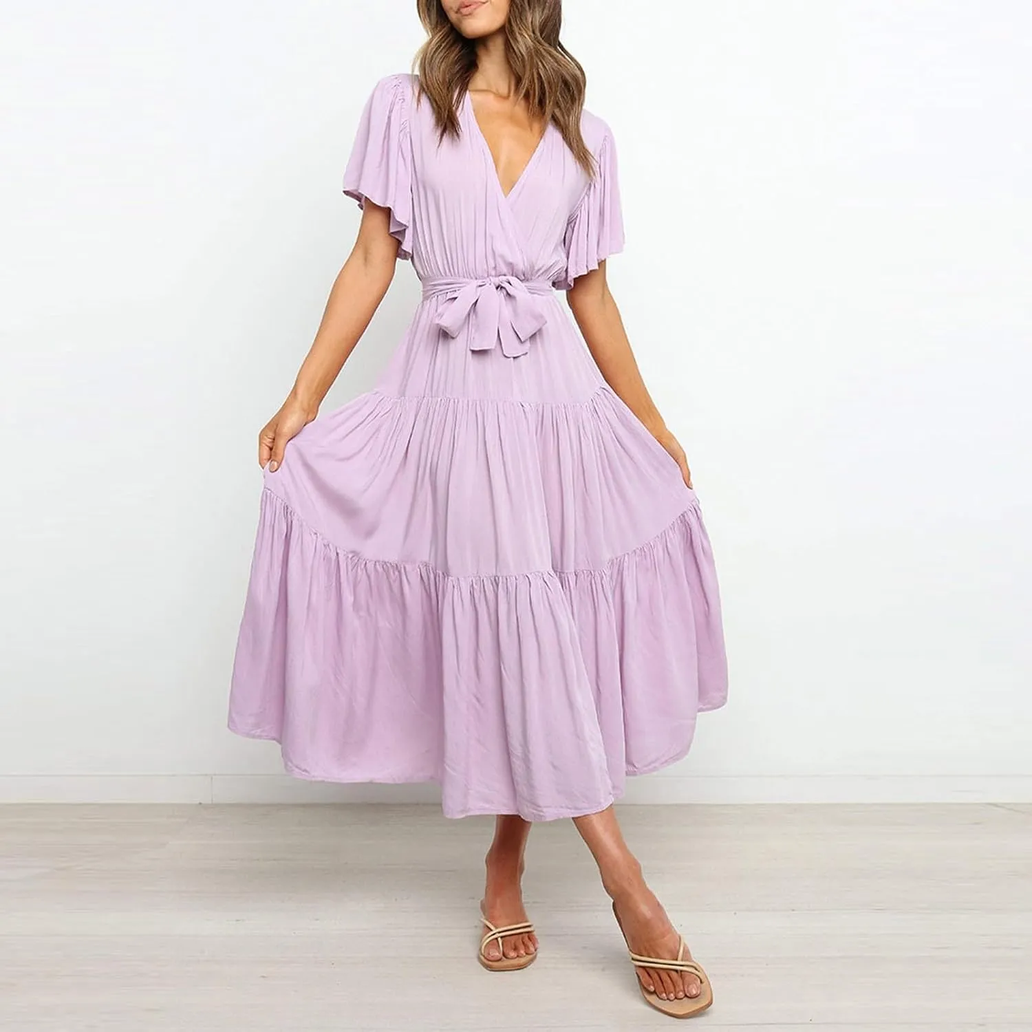Womens Dresses Spring Sexy Dresses Short Sleeve Ruched Dress V Neck Tiered A Line Dress Summer with Belt