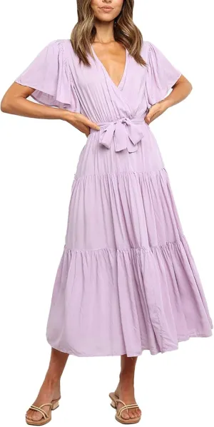 Womens Dresses Spring Sexy Dresses Short Sleeve Ruched Dress V Neck Tiered A Line Dress Summer with Belt