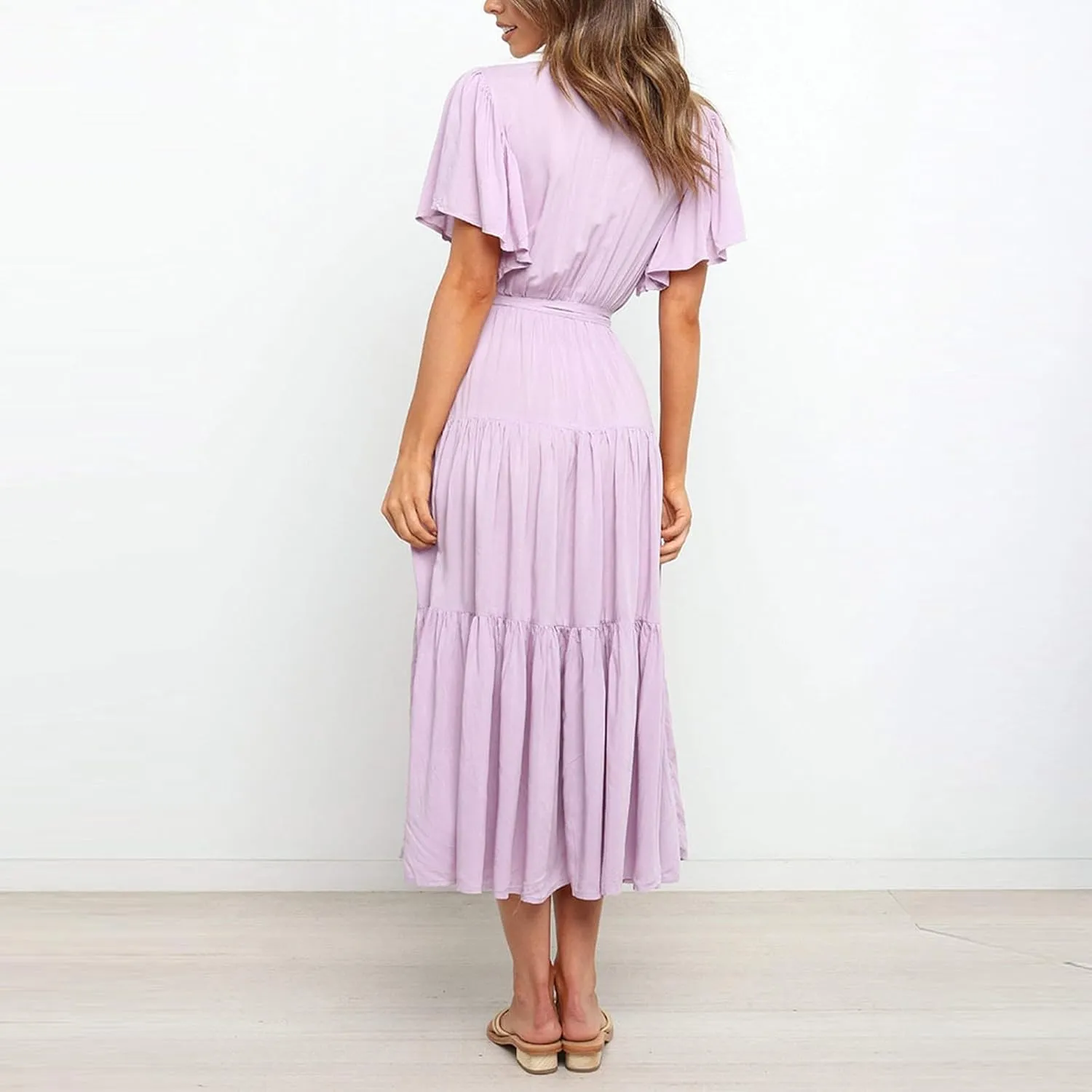 Womens Dresses Spring Sexy Dresses Short Sleeve Ruched Dress V Neck Tiered A Line Dress Summer with Belt