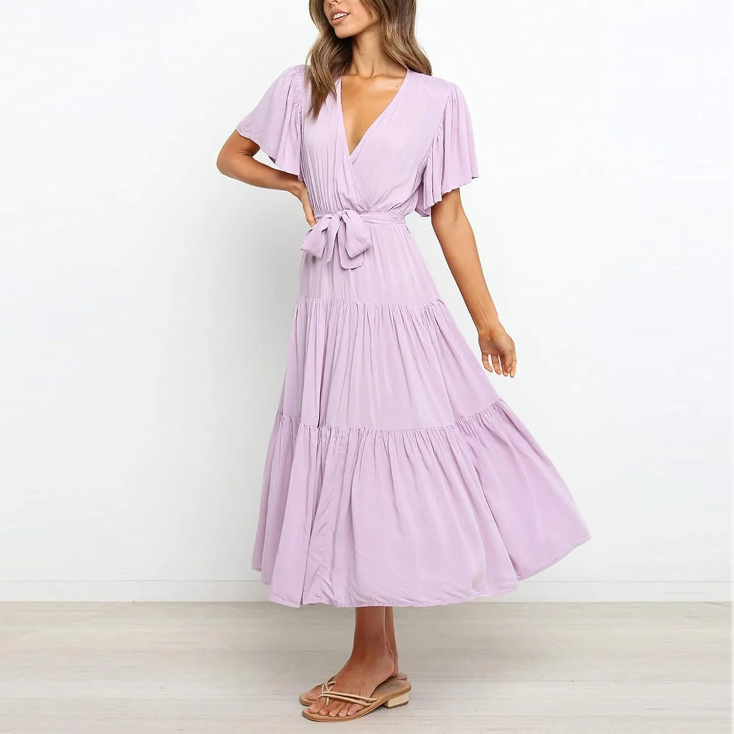 Womens Dresses Spring Sexy Dresses Short Sleeve Ruched Dress V Neck Tiered A Line Dress Summer with Belt