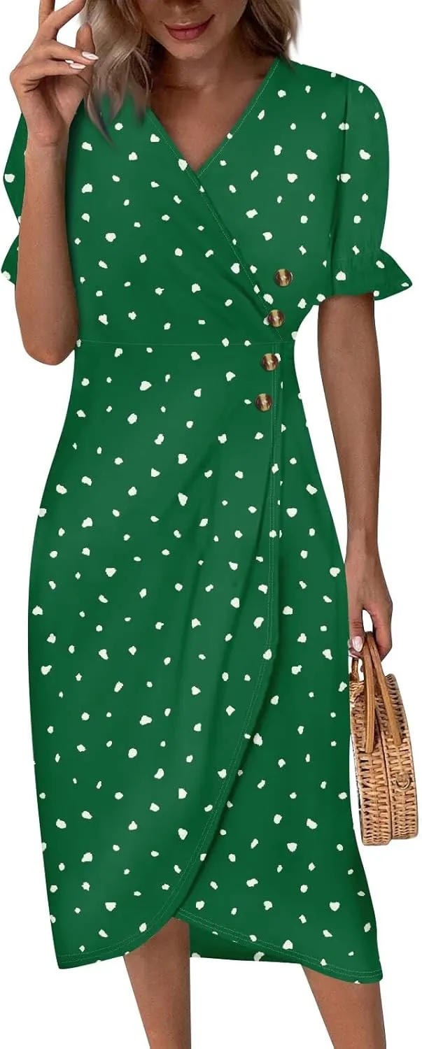 Womens Dresses Summer Wrap Midi Dresses for Women Puff Sleeve Summer Dresses Casual Loose Floor Length