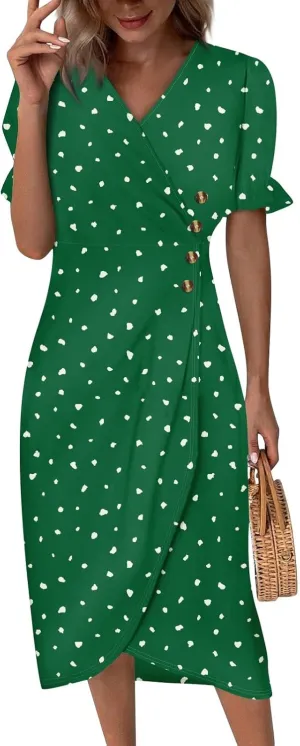 Womens Dresses Summer Wrap Midi Dresses for Women Puff Sleeve Summer Dresses Casual Loose Floor Length