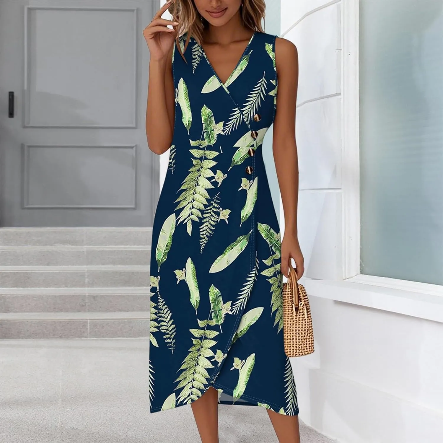 Womens Dresses Summer Wrap Midi Dresses for Women Puff Sleeve Summer Dresses Casual Loose Floor Length