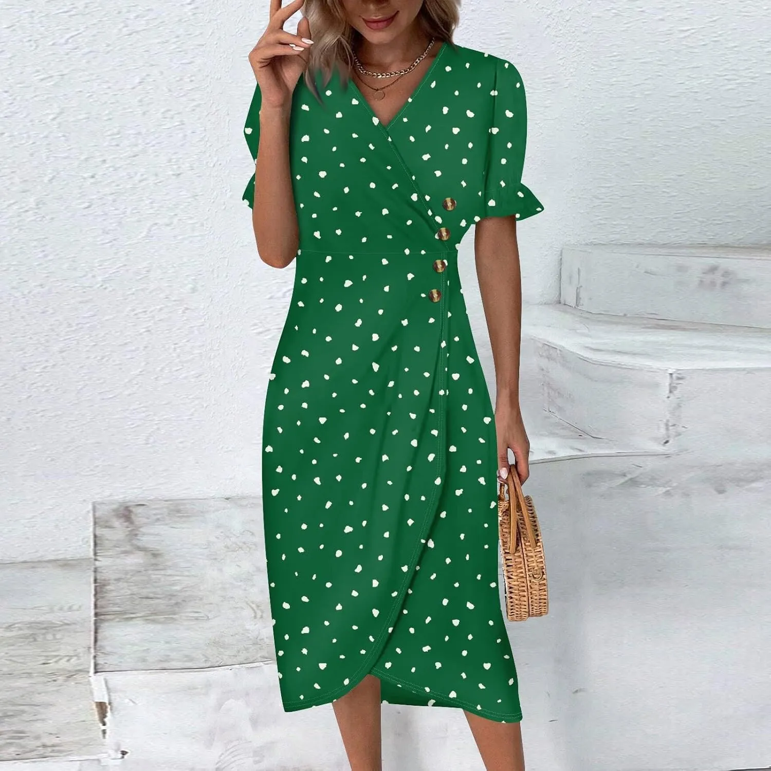 Womens Dresses Summer Wrap Midi Dresses for Women Puff Sleeve Summer Dresses Casual Loose Floor Length