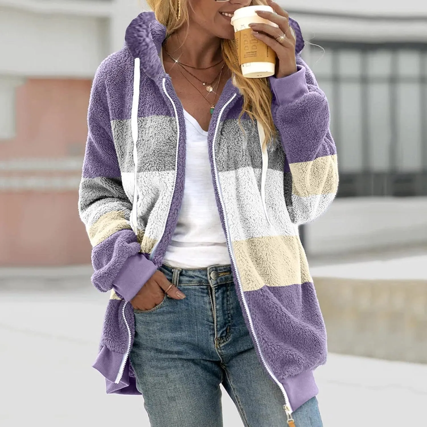 Women's Fleece Lined Jacket with Hood Zip Up Plus Size Sherpa Warm Heavyweight Hoodies Winter Thermal Christmas Sweatshirt