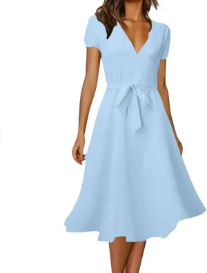 Women's Floral Wrap V-Neck Midi Dress Short Sleeve Boho Summer Beach Long Dress High Low Hem Smocked Dress Women