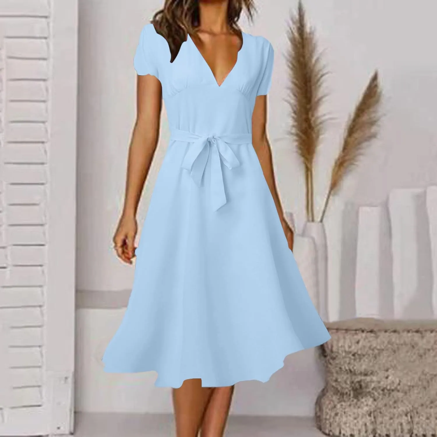 Women's Floral Wrap V-Neck Midi Dress Short Sleeve Boho Summer Beach Long Dress High Low Hem Smocked Dress Women