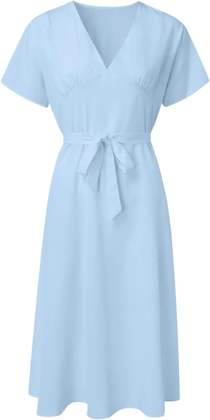 Women's Floral Wrap V-Neck Midi Dress Short Sleeve Boho Summer Beach Long Dress High Low Hem Smocked Dress Women