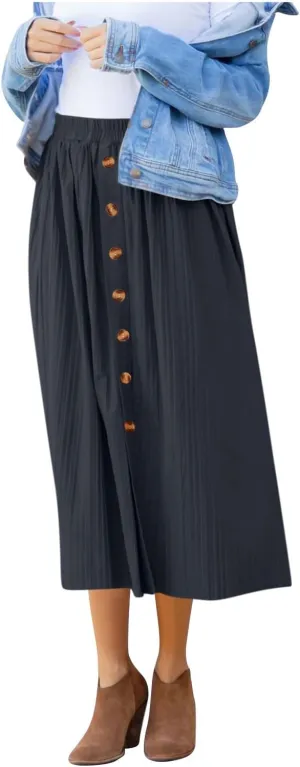 Women's Flowy Maxi Skirt 2025 Summer Pleated High Waisted Casual Long Skirts with Pockets Solid Color Button Dress