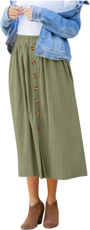 Women's Flowy Maxi Skirt 2025 Summer Pleated High Waisted Casual Long Skirts with Pockets Solid Color Button Dress