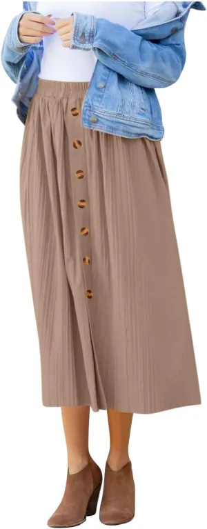 Women's Flowy Maxi Skirt 2025 Summer Pleated High Waisted Casual Long Skirts with Pockets Solid Color Button Dress
