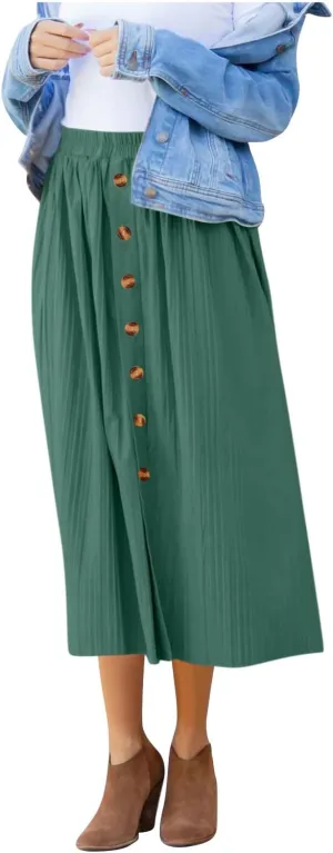 Women's Flowy Maxi Skirt 2025 Summer Pleated High Waisted Casual Long Skirts with Pockets Solid Color Button Dress