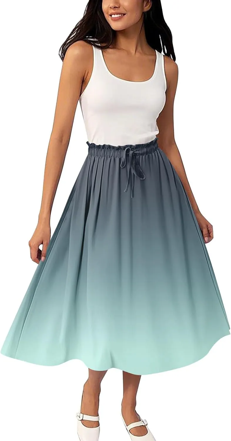 Women's Flowy Maxi Skirt Boho Summer Pleated High Waisted Casual Smocked Long Skirts with Pockets
