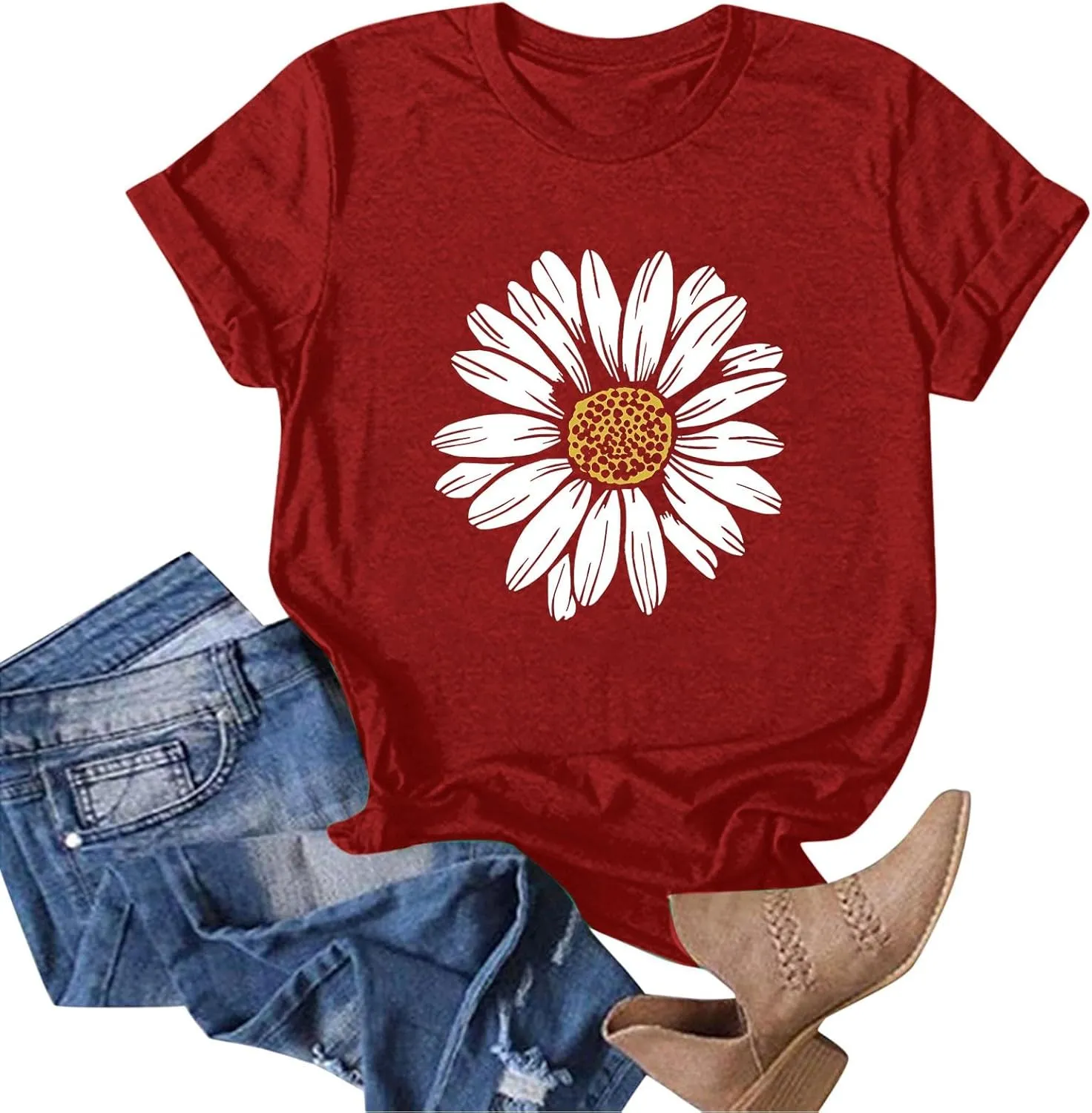 Womens Graphic Tees Boho Flowers Casual Summer Short Sleeve Vintage T Shirts Tops Sunflower T Shirts for Women