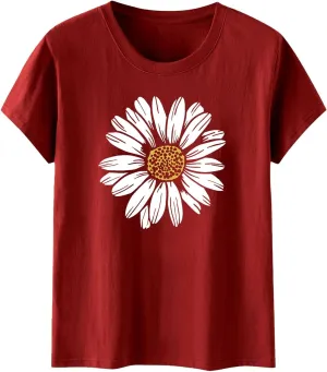 Womens Graphic Tees Boho Flowers Casual Summer Short Sleeve Vintage T Shirts Tops Sunflower T Shirts for Women