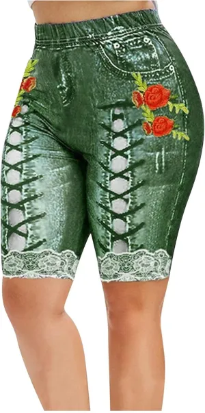 Womens High Waisted Casual Denim Shorts Plus Size Printed Lace Trim Skinny Jeans Shorts Stretch Comfy Bermuda Shorts