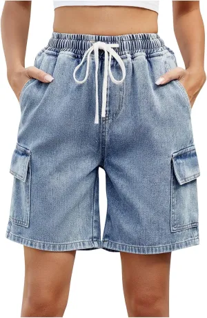 Womens High Waisted Jean Shorts Drawstring Waist Denim Shorts Casual Wide Leg Shorts Stretchy Cargo Jean Shorts