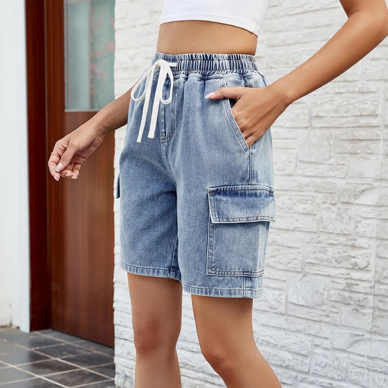 Womens High Waisted Jean Shorts Drawstring Waist Denim Shorts Casual Wide Leg Shorts Stretchy Cargo Jean Shorts