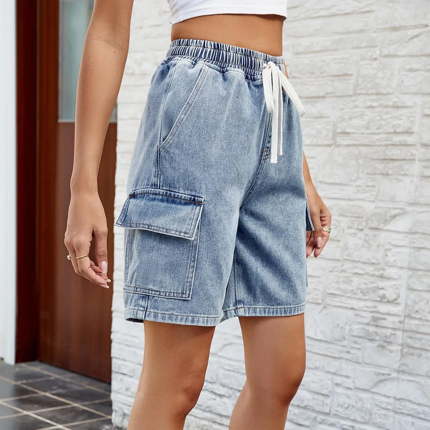 Womens High Waisted Jean Shorts Drawstring Waist Denim Shorts Casual Wide Leg Shorts Stretchy Cargo Jean Shorts