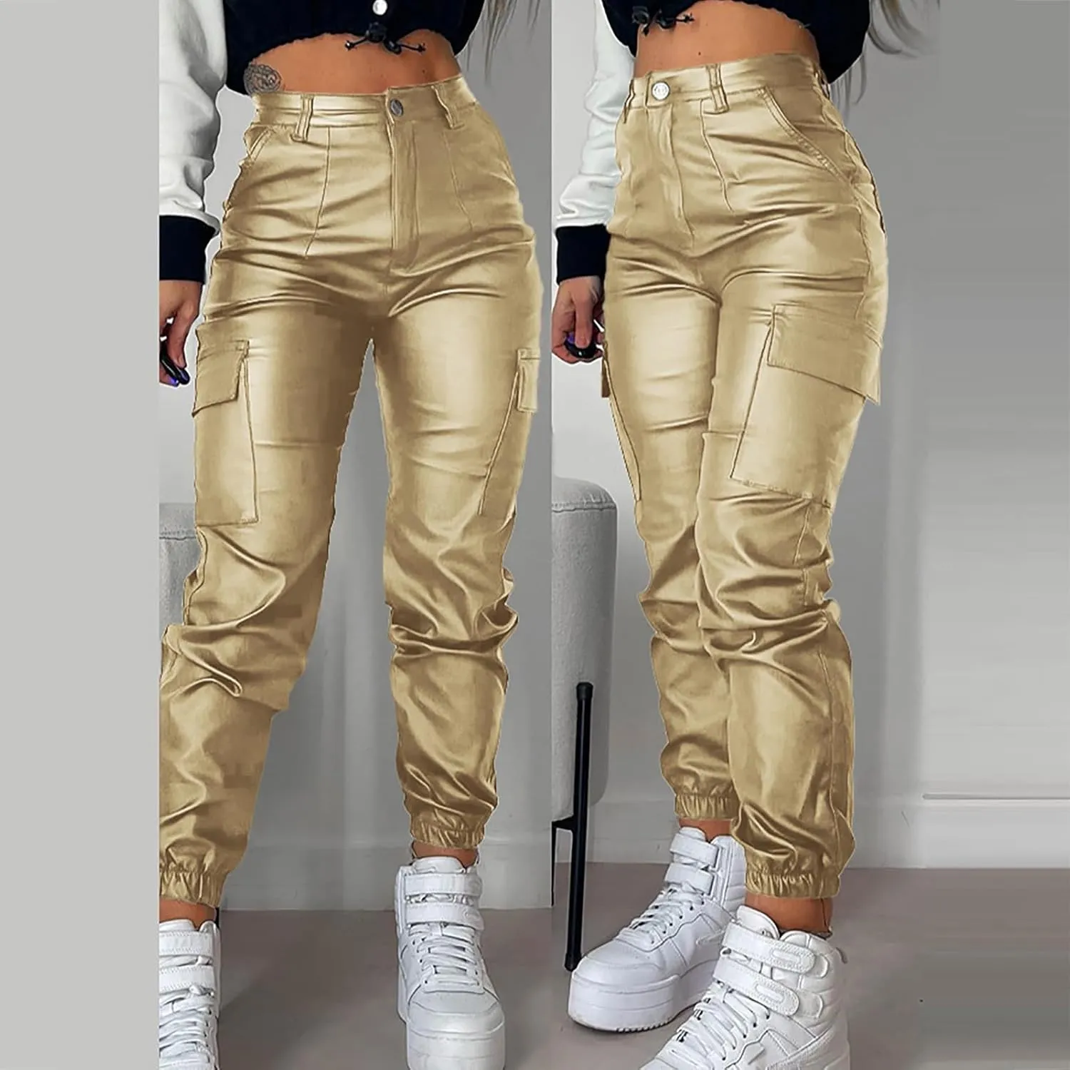 Womens Hight Waisted Stretch Faux Leather Pants PU Coated Moto Biker Legging Baggy Jogger Cargo Pants with Pockets