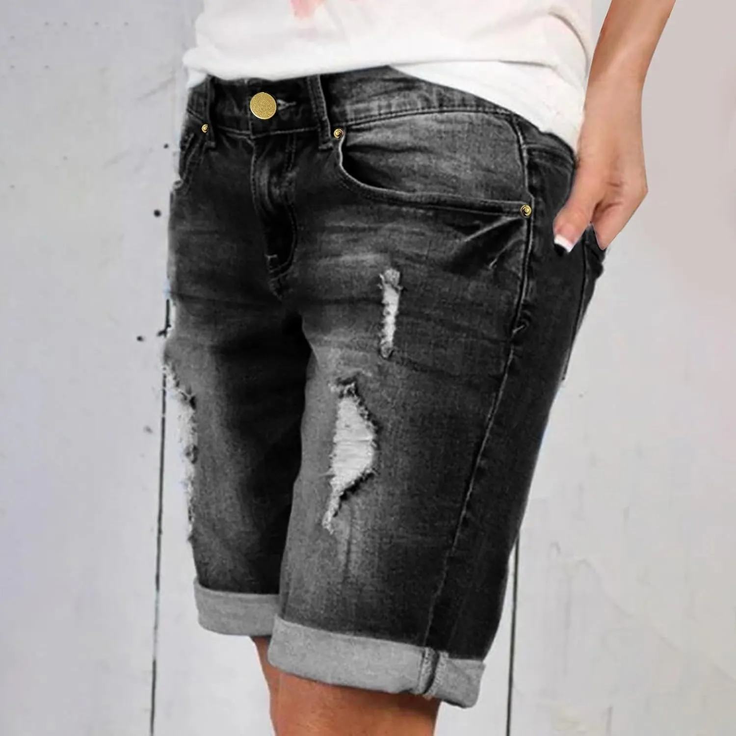 Women's Jeans High Waisted Denim Casual Summer Frayed Hem Long Shorts Baggy Stretchy Jean Shorts Wide Leg Shorts Denim Shorts