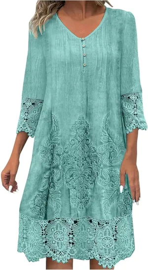 Women's Lace Dress 3/4 Sleeve Boho Floral Print Knee Length Dresses V Neck Pleated Front Button Down Shirt Dress