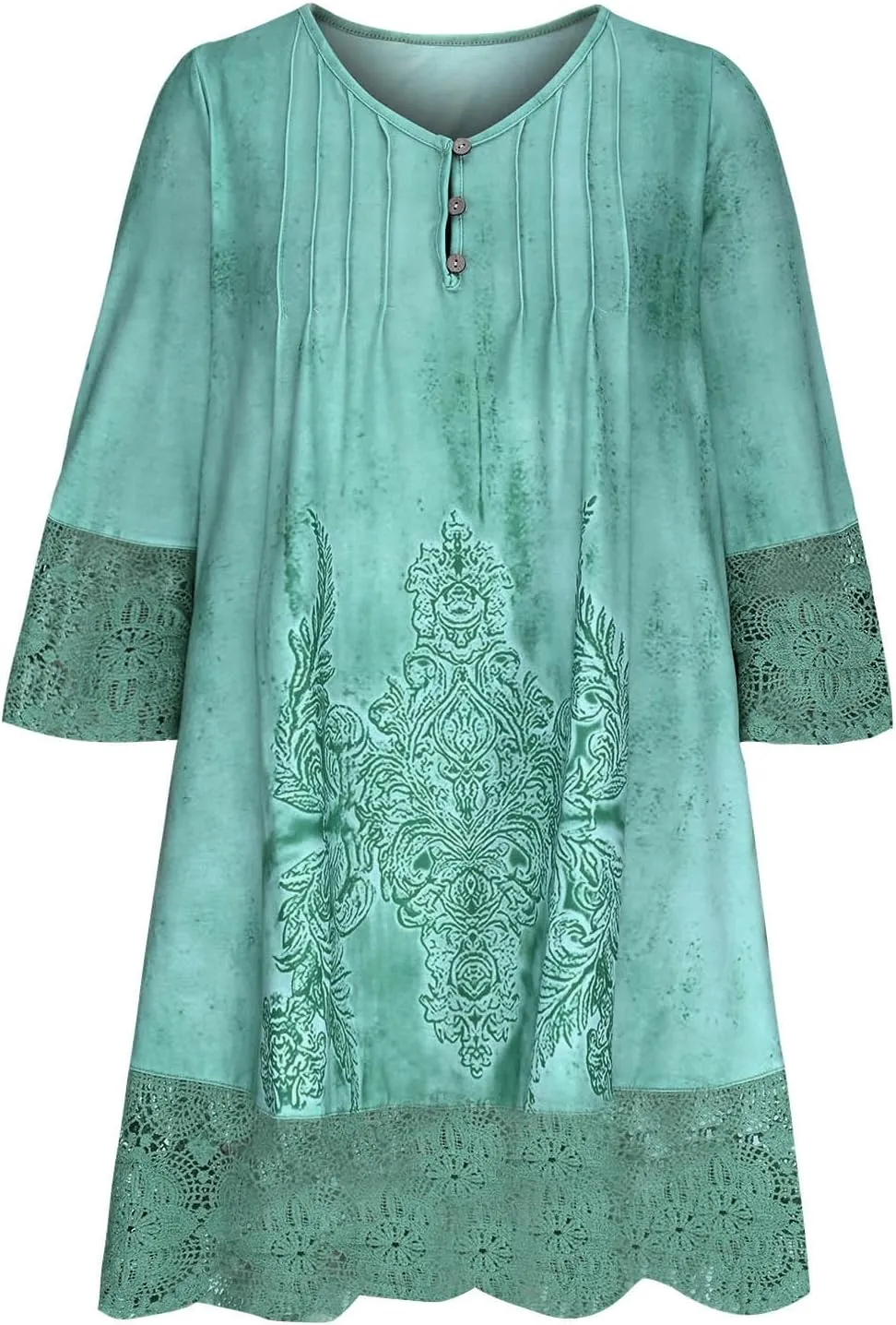 Women's Lace Dress 3/4 Sleeve Boho Floral Print Knee Length Dresses V Neck Pleated Front Button Down Shirt Dress