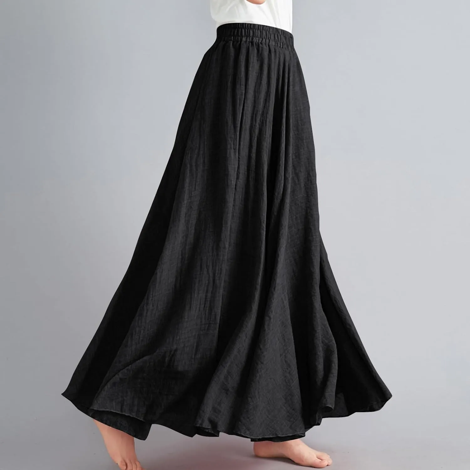 Women's Linen Maxi Skirts High Waist Ankle Length Skirt Solid Color Loose Casual Skirt Summer Flowy Long Skirts