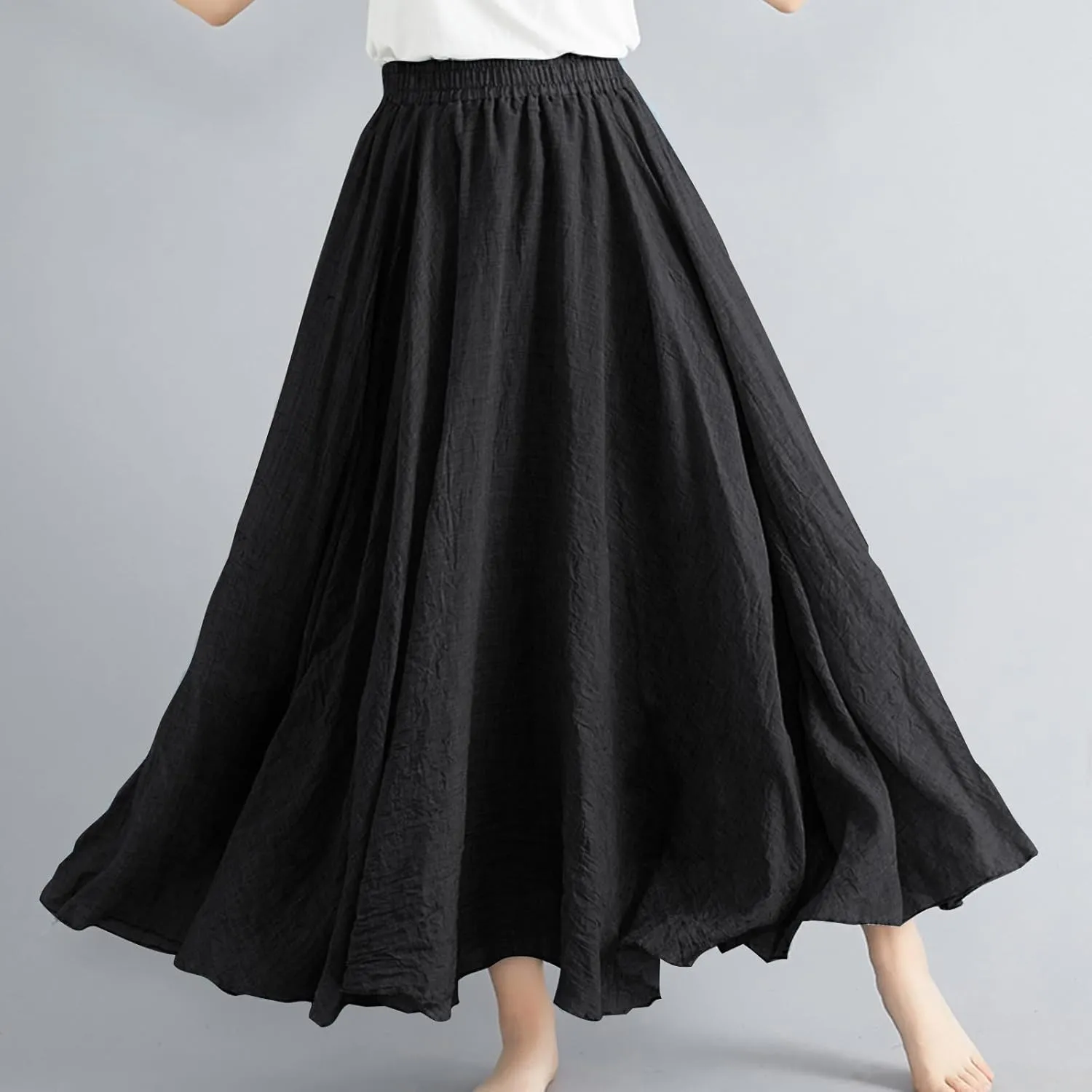 Women's Linen Maxi Skirts High Waist Ankle Length Skirt Solid Color Loose Casual Skirt Summer Flowy Long Skirts